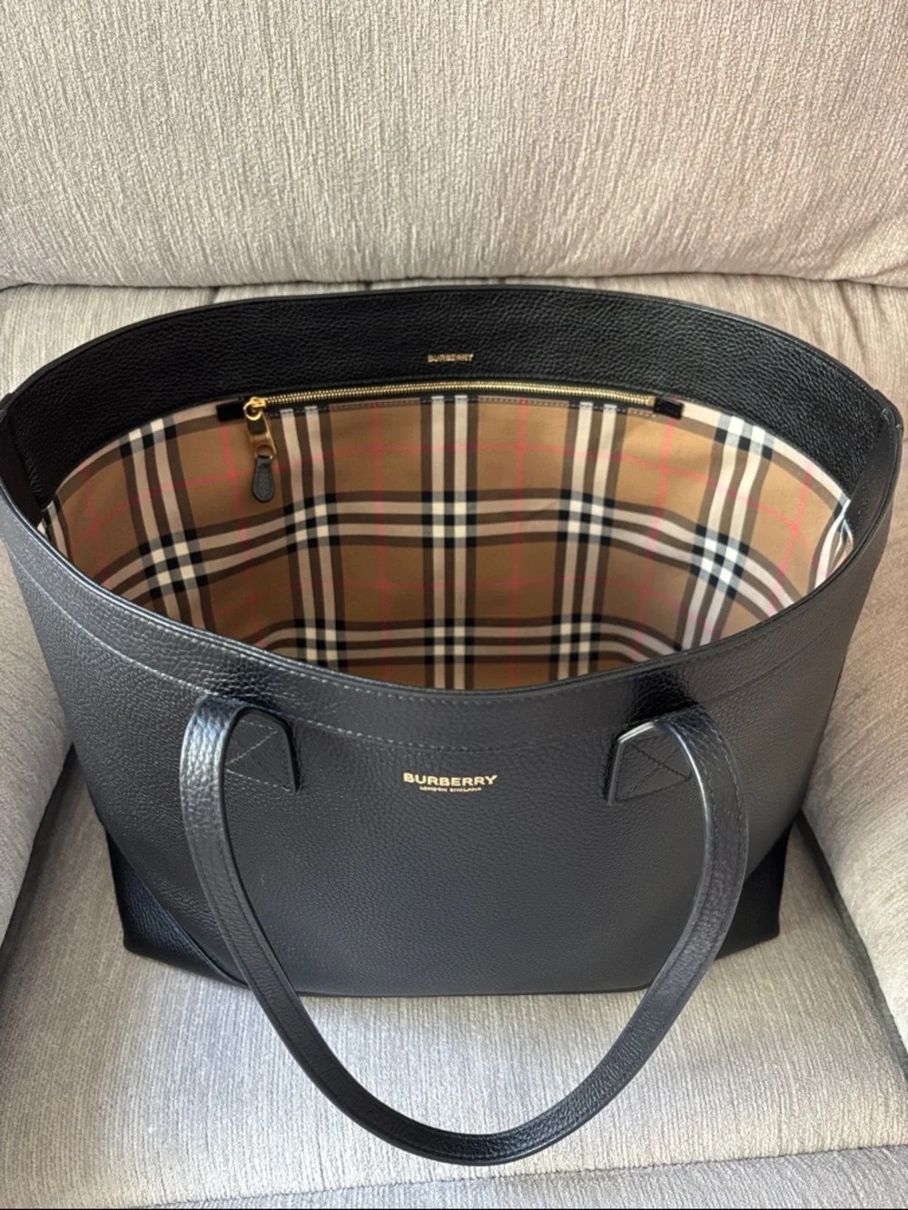 Burberry Black Leather Tote with Beige Plaid Interior - Picture 1 of 3